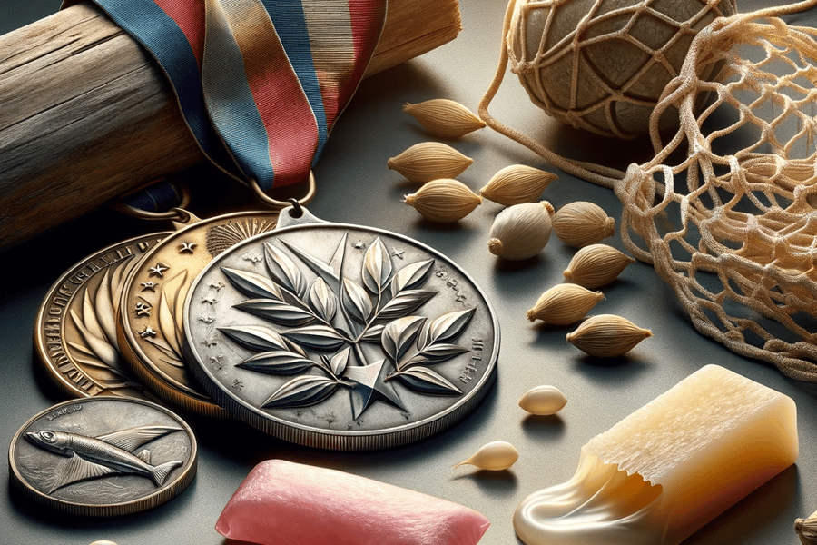 A custom medal surrounded by wildflower seeds, gum and fishing nets.