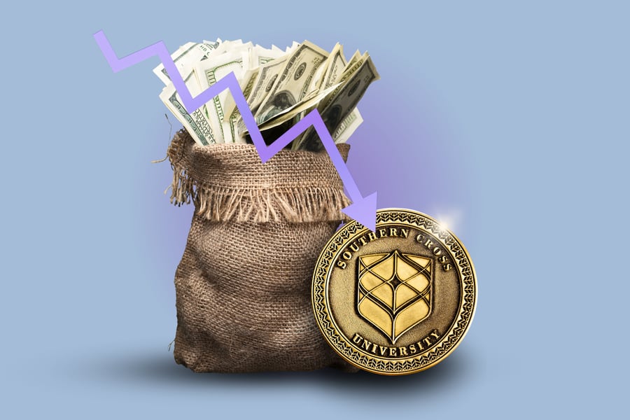 Picture of a custom challenge coin next to a bag of money.