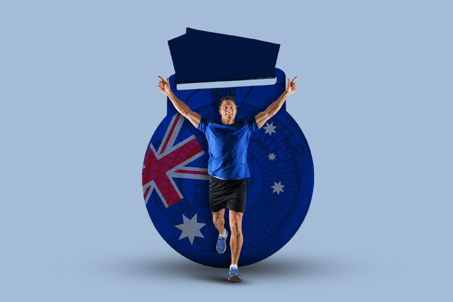 Marathon running in front of custom Australian flag medal