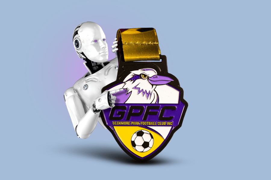 A robot points to Glenmore Park Football Club's custom medal