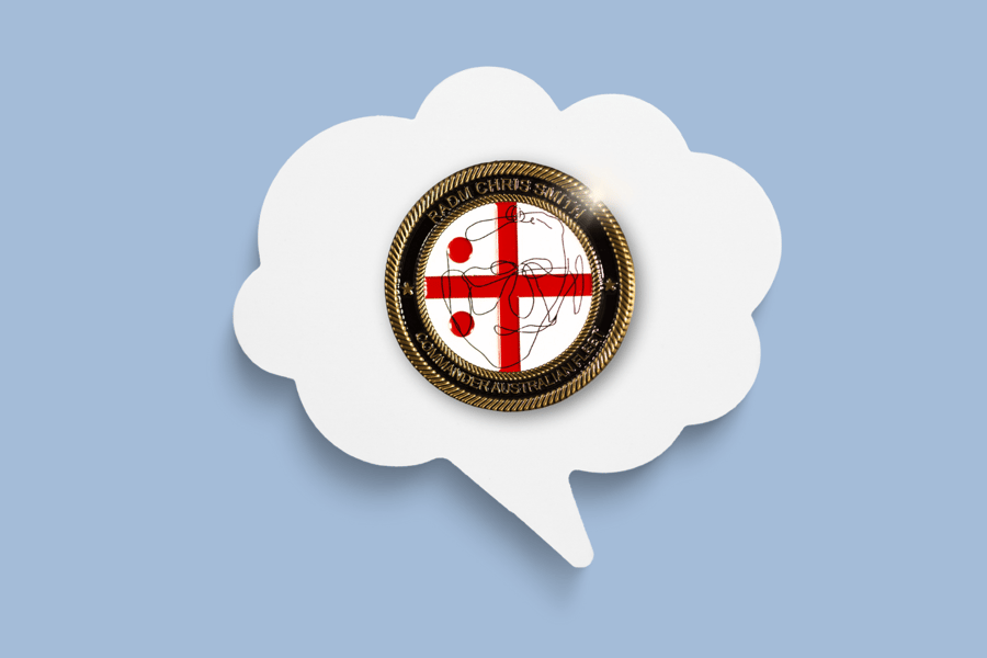 Speech bubble with custom Australia Defence Force challenge coin.