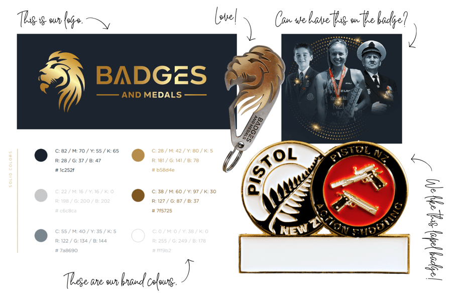 Collage of lapel badge ideas.