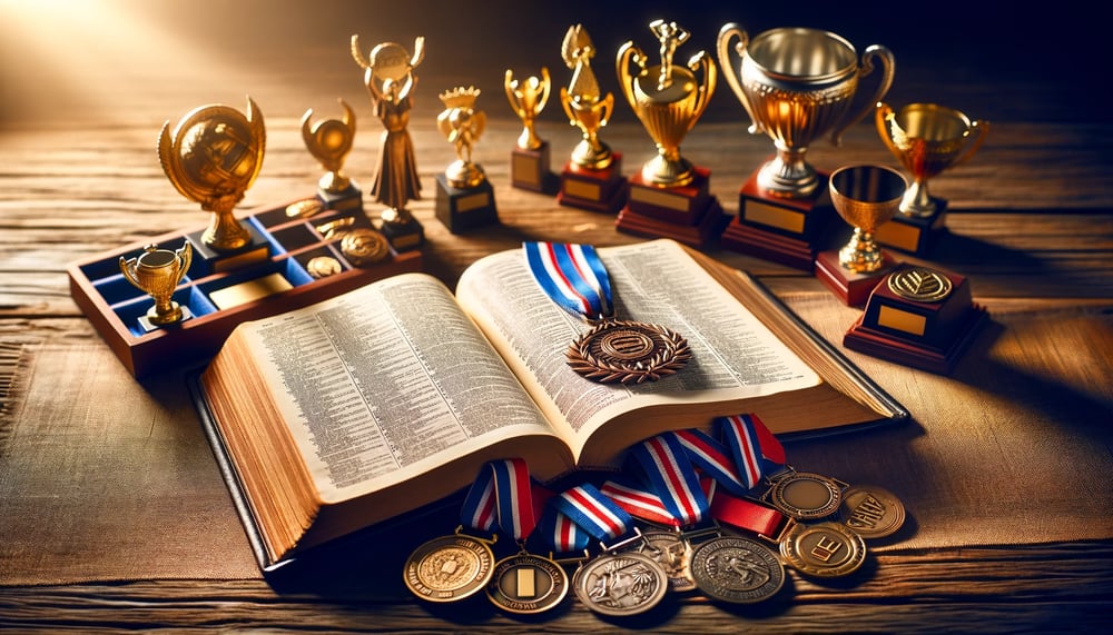 An awards dictionary surrounded by trophies and medals.