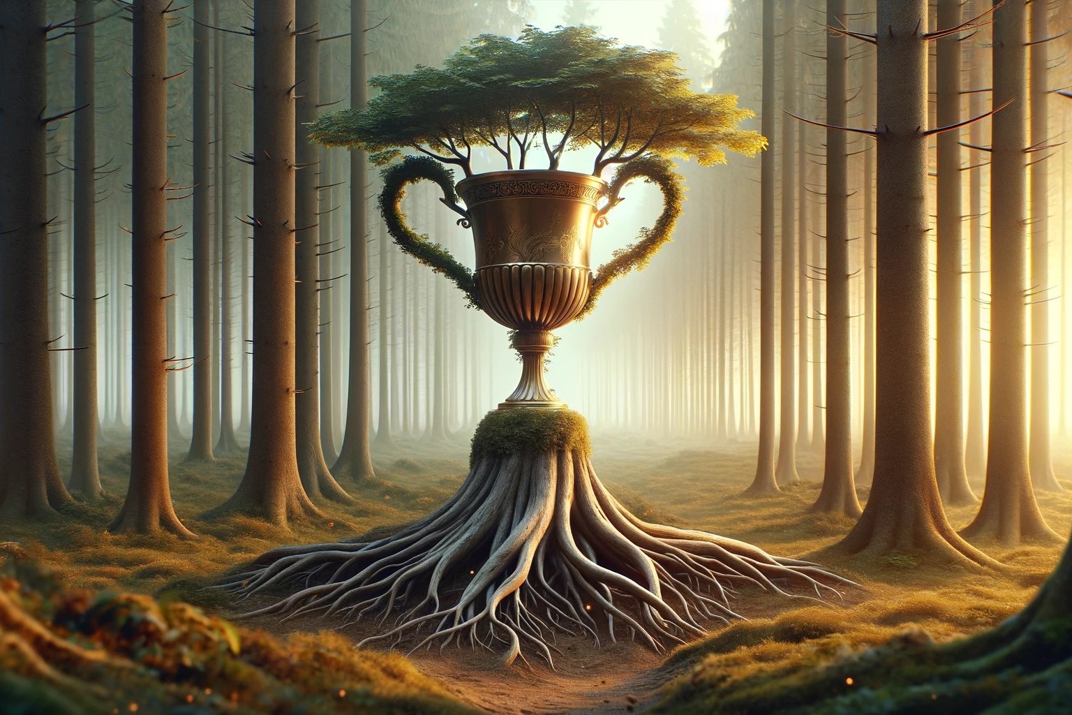A trophy made of tree branches sitting in the forest.