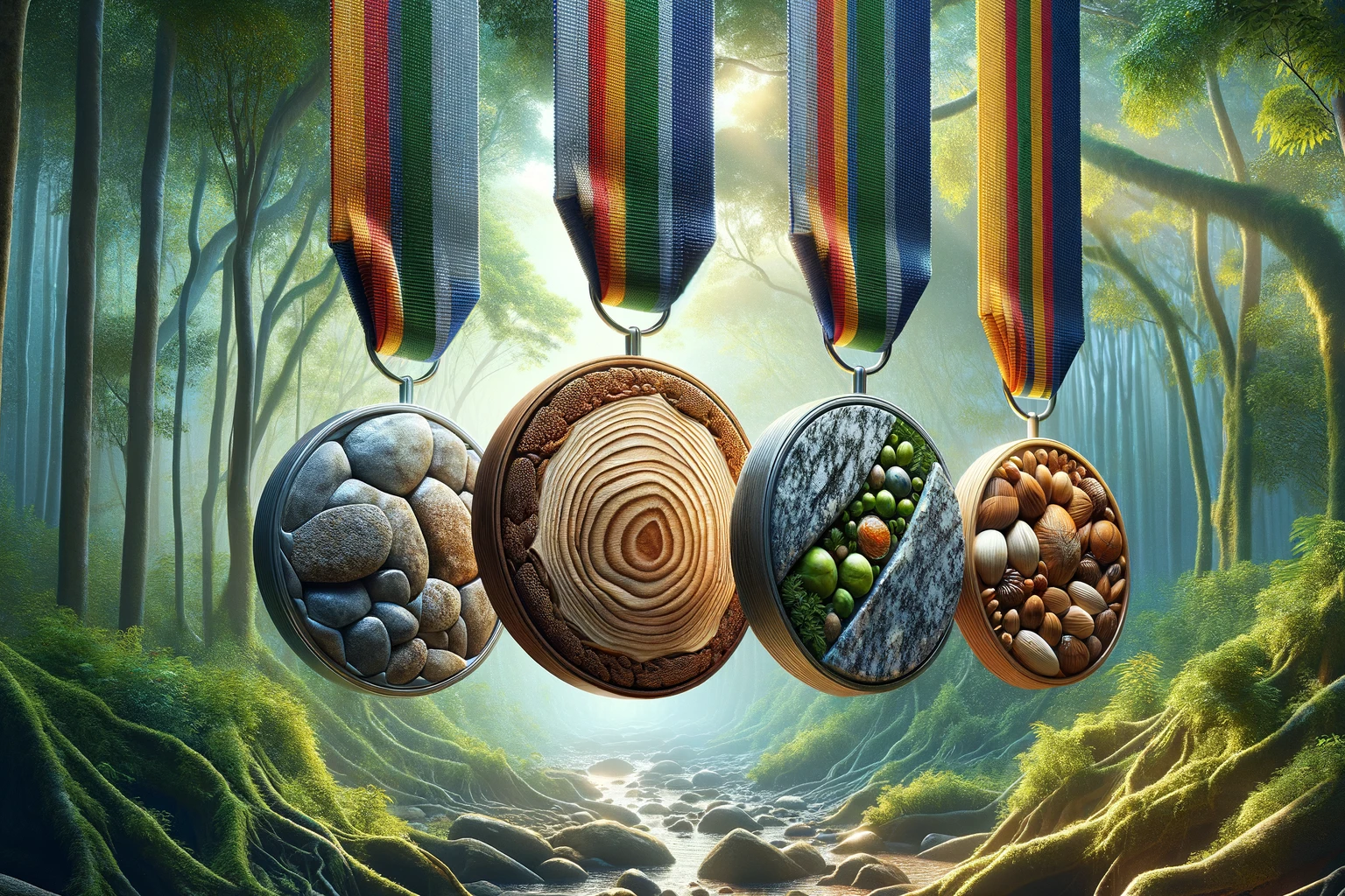 Three medals made of sustainable materials: a wooden medal, a stone medal, and a bird seed medal.