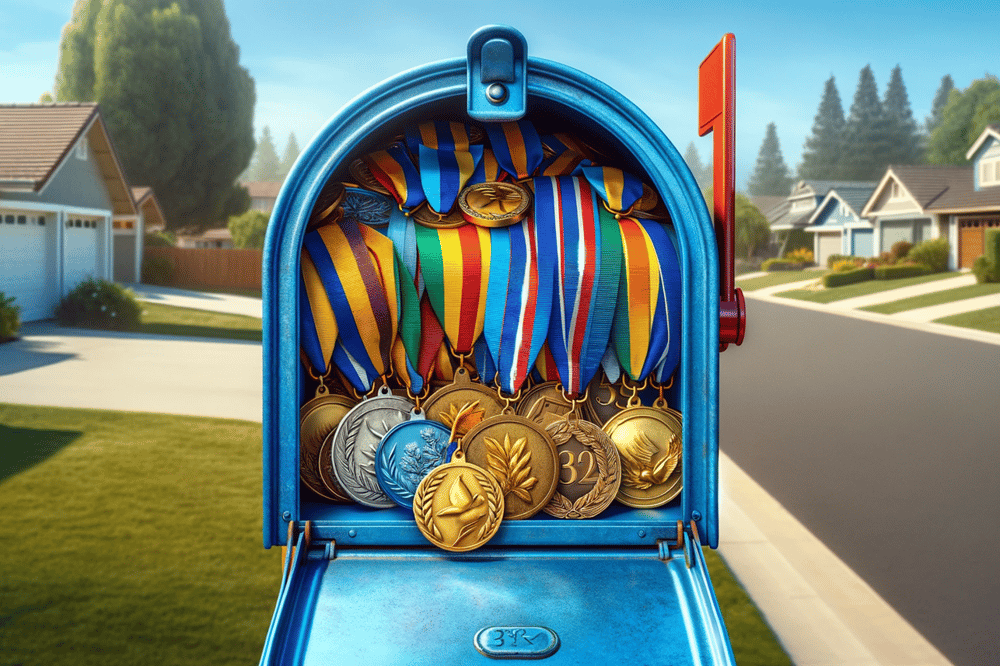 A mailbox in a suburban neighbourhood overflowing with custom medals.