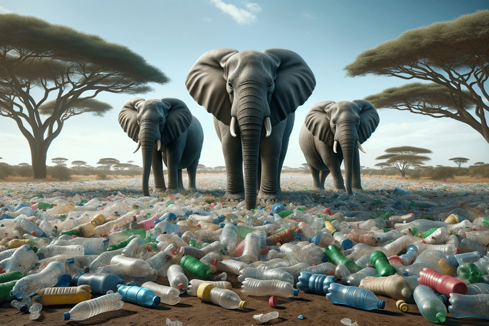 Three adult African elephants walk among thousands of plastic bottles.