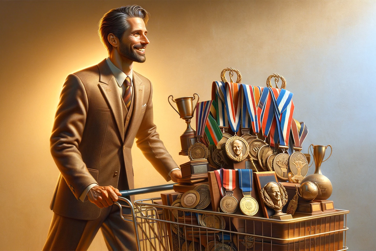 A well-dressed event organiser with a trolley full of medals and trophies.