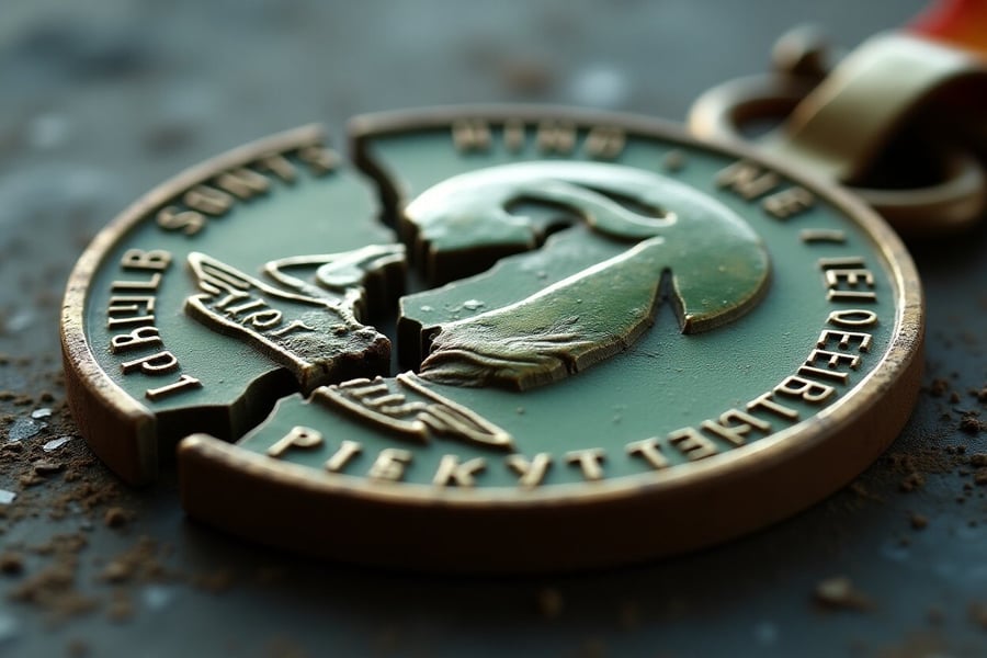 Close up of a broken medal.