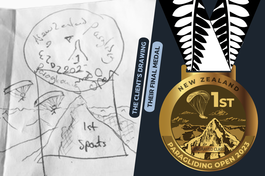 Medal supplier converts simple drawing into custom New Zealand Paragliding Open medal.