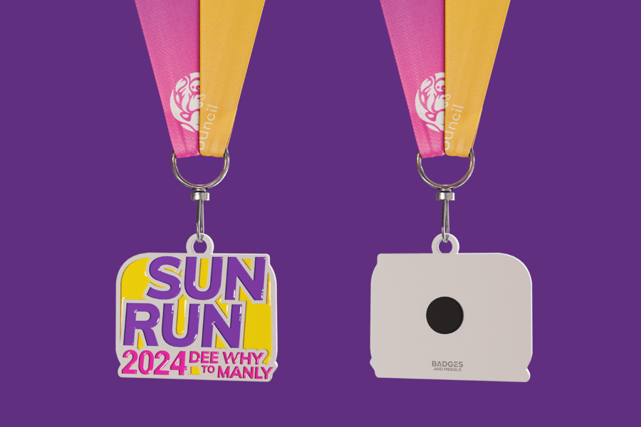 Custom medal for Sun Run with magnet.