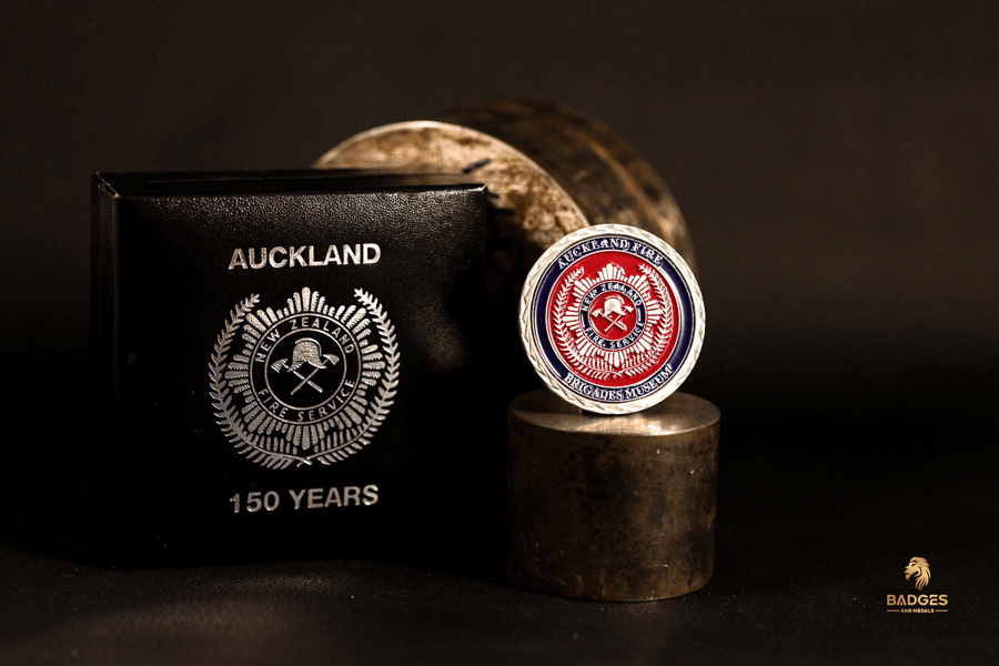 Picture of a custom Auckland Fire Brigades Museum firefighter challenge coin with custom box.