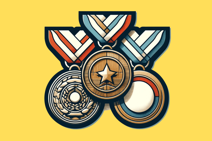 A graphic showing an insert medal, a wooden medal, and a metal medal.