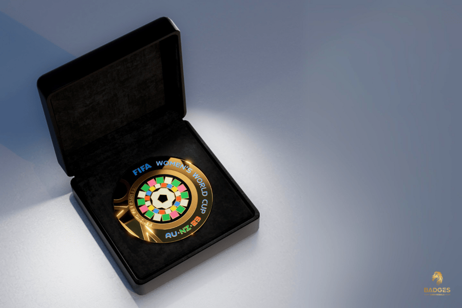 Custom Fédération internationale de Football Association Women's World Cup challenge coin in a custom box.
