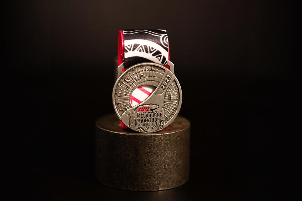 Close up of the custom Melbourne Marathon 'Half-Marathon' medal.