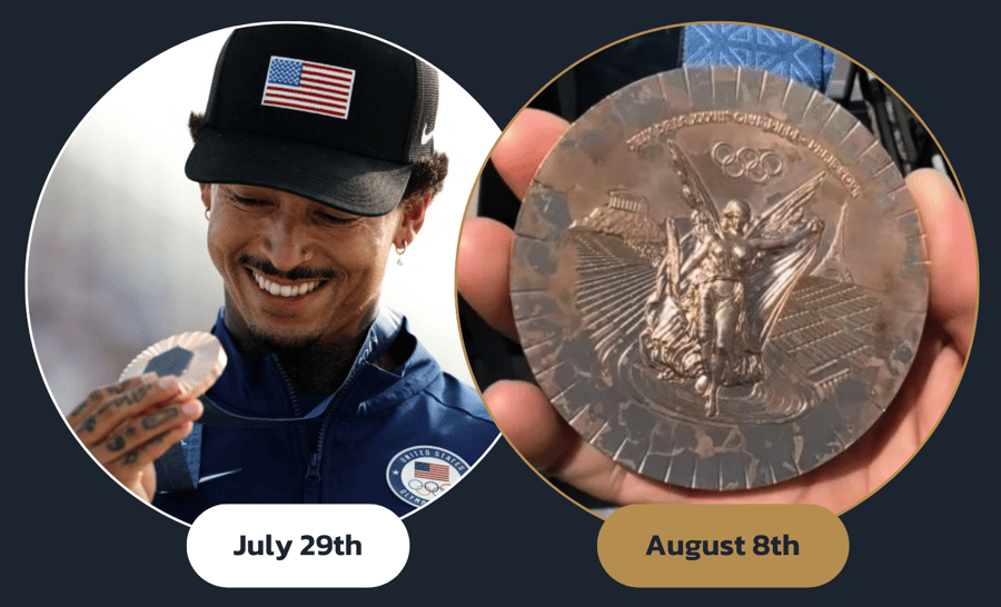 Before and after of Paris Olympic medal degrading 