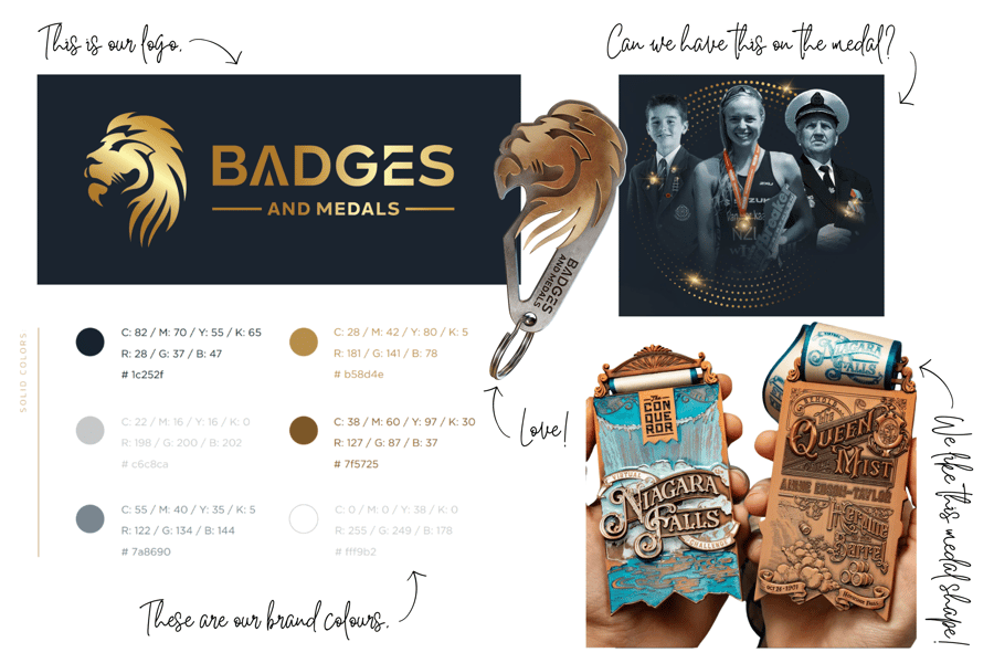 A collage of design ideas for Badges And Medals' custom medal.