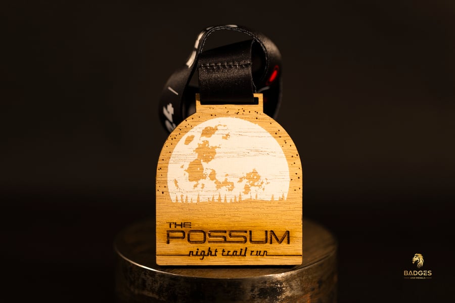 Custom The Possum Night Trail Run wooden medal.